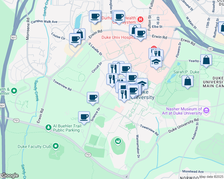 map of restaurants, bars, coffee shops, grocery stores, and more near 124 Science Drive in Durham