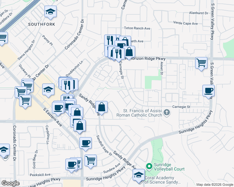 map of restaurants, bars, coffee shops, grocery stores, and more near 2495 Kaymin Ridge Road in Henderson