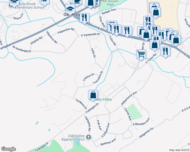 map of restaurants, bars, coffee shops, grocery stores, and more near 103 Trenton Drive in Oak Ridge