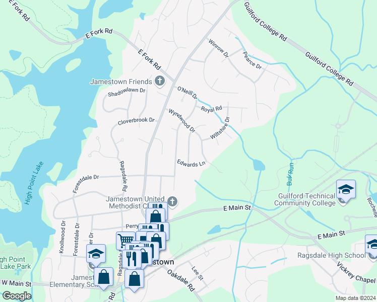 map of restaurants, bars, coffee shops, grocery stores, and more near 109 Brookberry Drive in Jamestown