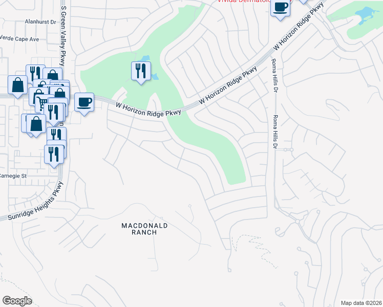 map of restaurants, bars, coffee shops, grocery stores, and more near 2111 Tiger Links Drive in Henderson