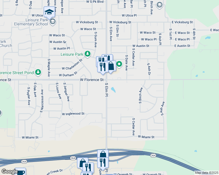 map of restaurants, bars, coffee shops, grocery stores, and more near 4801 South Elm Place in Broken Arrow