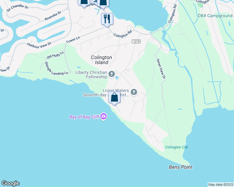 map of restaurants, bars, coffee shops, grocery stores, and more near 104 Shedders Walk in Kill Devil Hills