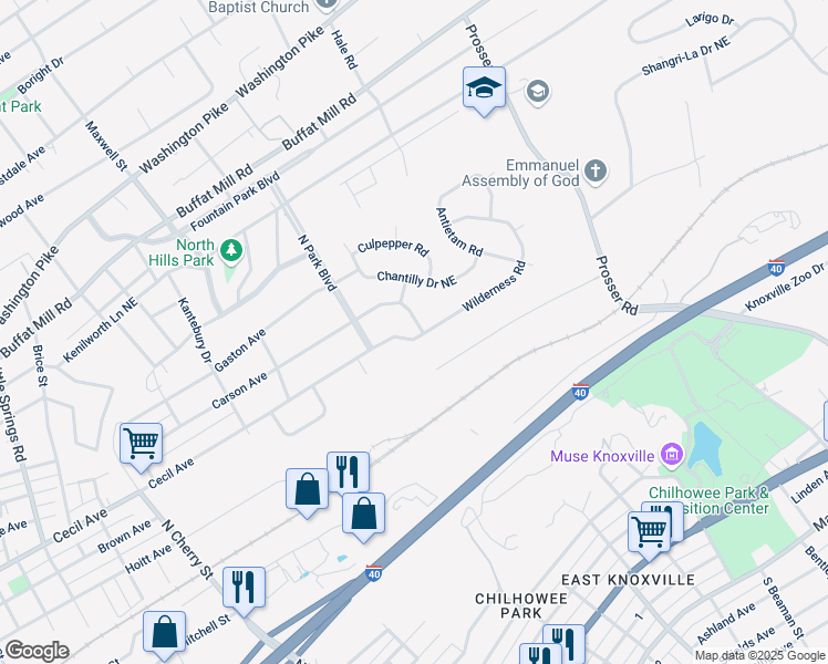 map of restaurants, bars, coffee shops, grocery stores, and more near 3148 Wilderness Road in Knoxville