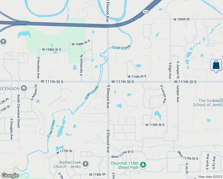 map of restaurants, bars, coffee shops, grocery stores, and more near 11123 South Redbud Place in Jenks
