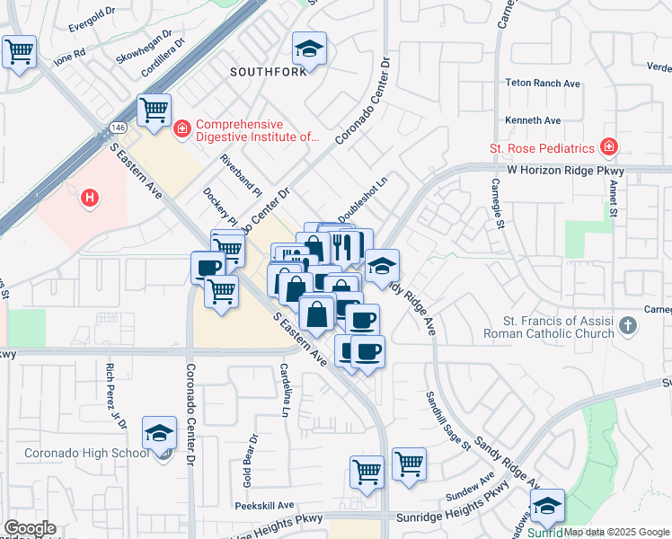 map of restaurants, bars, coffee shops, grocery stores, and more near 2642 West Horizon Ridge Parkway in Henderson