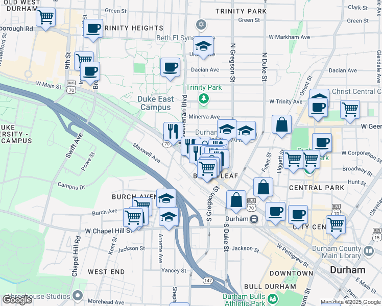 map of restaurants, bars, coffee shops, grocery stores, and more near 1108 West Main Street in Durham