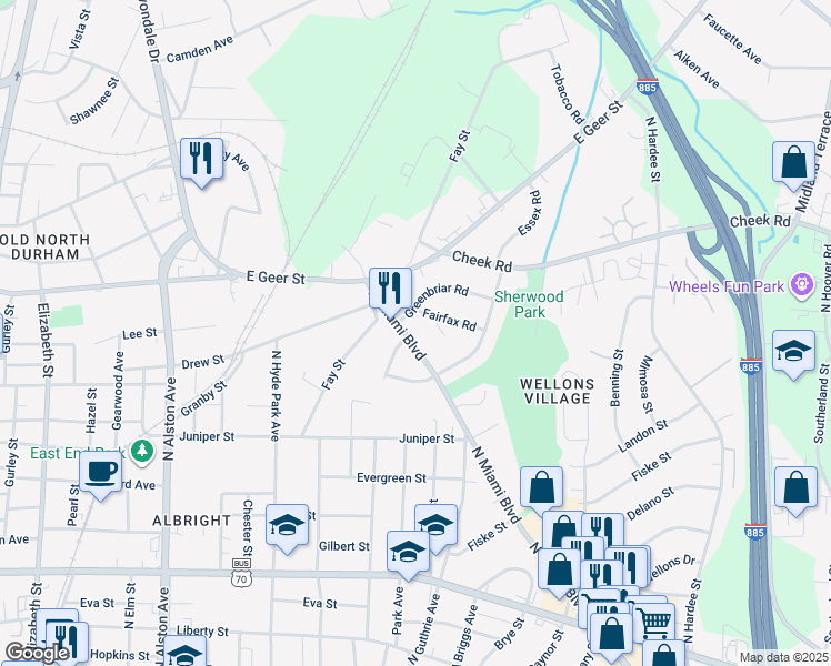 map of restaurants, bars, coffee shops, grocery stores, and more near 1512 North Miami Boulevard in Durham