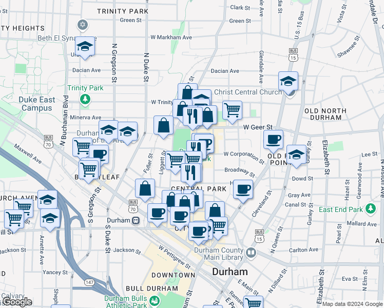 map of restaurants, bars, coffee shops, grocery stores, and more near 540 Foster Street in Durham