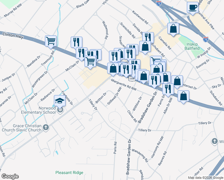 map of restaurants, bars, coffee shops, grocery stores, and more near 1201 Stillwell Drive Northwest in Knoxville