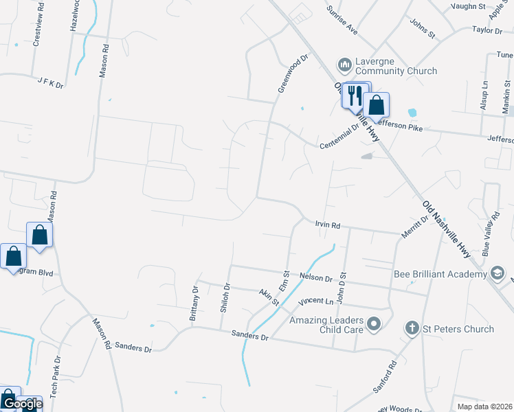 map of restaurants, bars, coffee shops, grocery stores, and more near 215 Greenwood Drive in La Vergne