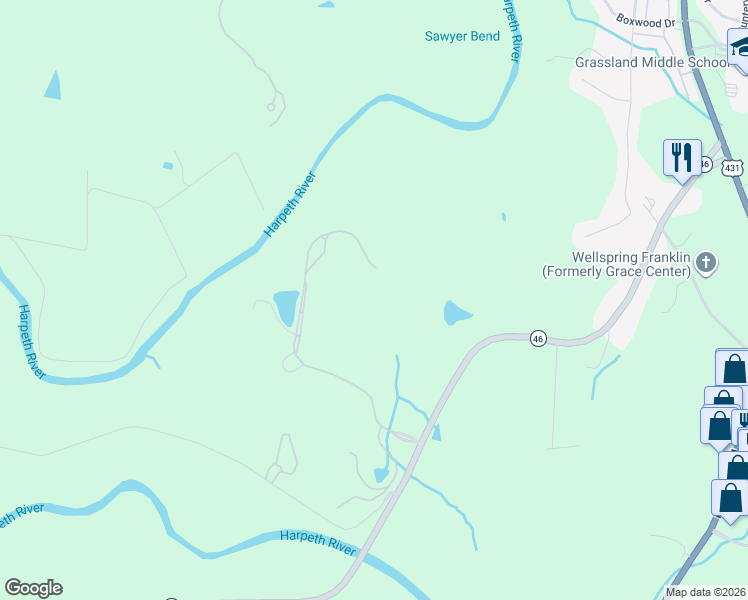 map of restaurants, bars, coffee shops, grocery stores, and more near 2480 Hidden River Lane in Franklin