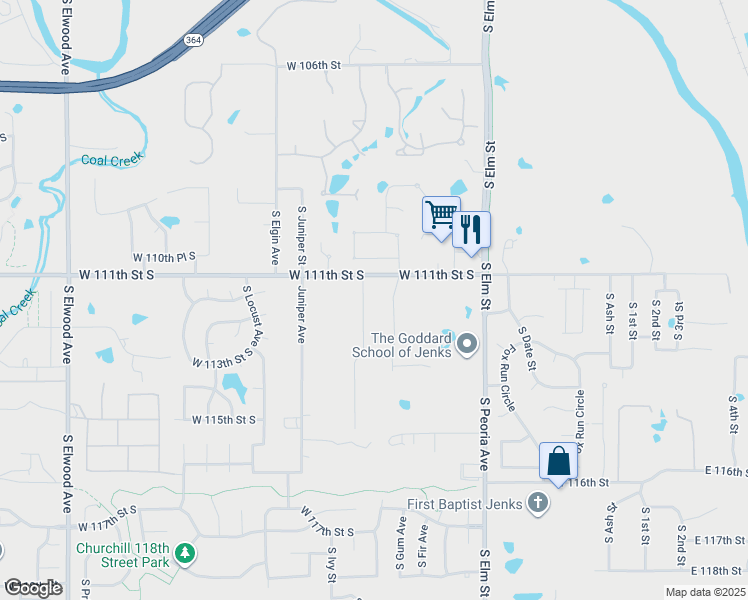 map of restaurants, bars, coffee shops, grocery stores, and more near 920 West 111th Street South in Jenks