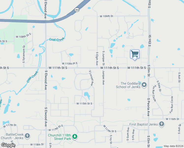 map of restaurants, bars, coffee shops, grocery stores, and more near 1245 West 112th Street in Jenks
