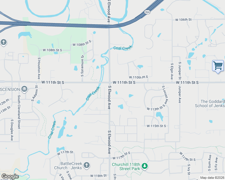 map of restaurants, bars, coffee shops, grocery stores, and more near 11123 South Redbud Place in Jenks