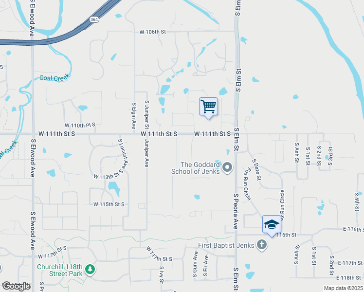 map of restaurants, bars, coffee shops, grocery stores, and more near 920 West 111th Street South in Jenks