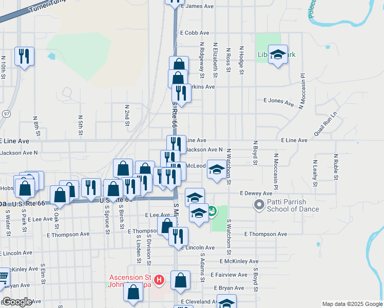 map of restaurants, bars, coffee shops, grocery stores, and more near 1125 East McLeod Avenue in Sapulpa