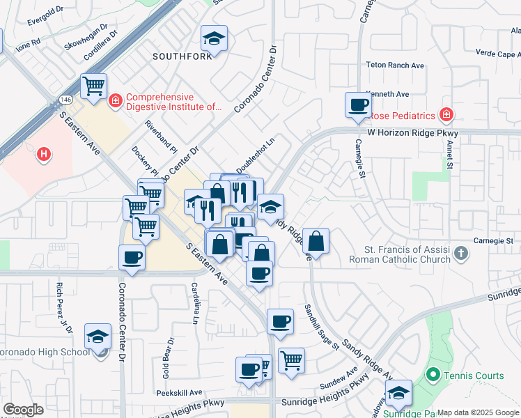 map of restaurants, bars, coffee shops, grocery stores, and more near W Horizon Ridge Pkwy & Sandy Ridge Ave in Henderson
