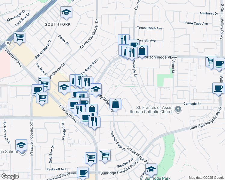 map of restaurants, bars, coffee shops, grocery stores, and more near 695 Steve Wruck Court in Henderson