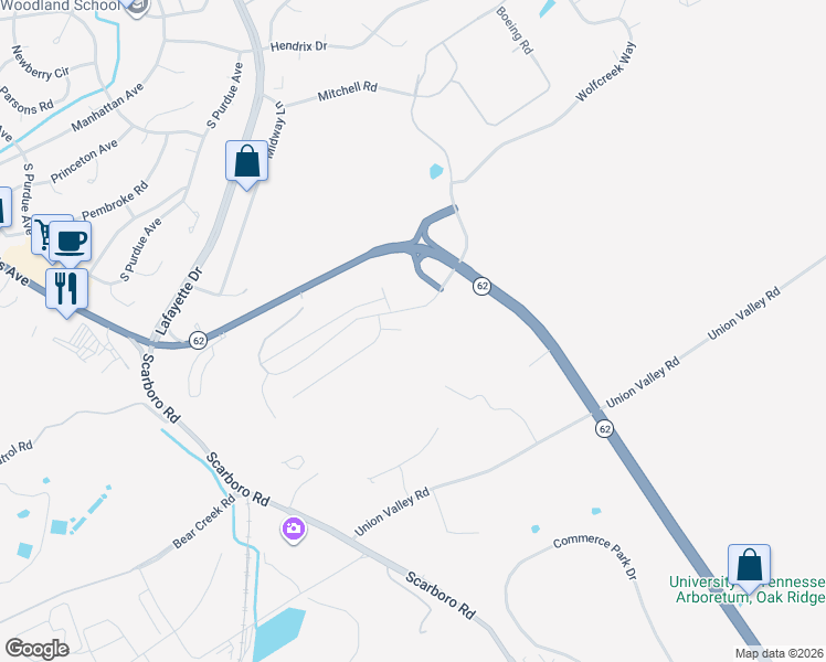 map of restaurants, bars, coffee shops, grocery stores, and more near Summit Place in Oak Ridge