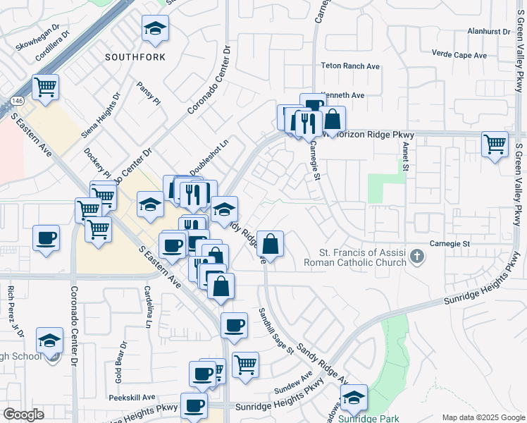 map of restaurants, bars, coffee shops, grocery stores, and more near 695 Steve Wruck Court in Henderson