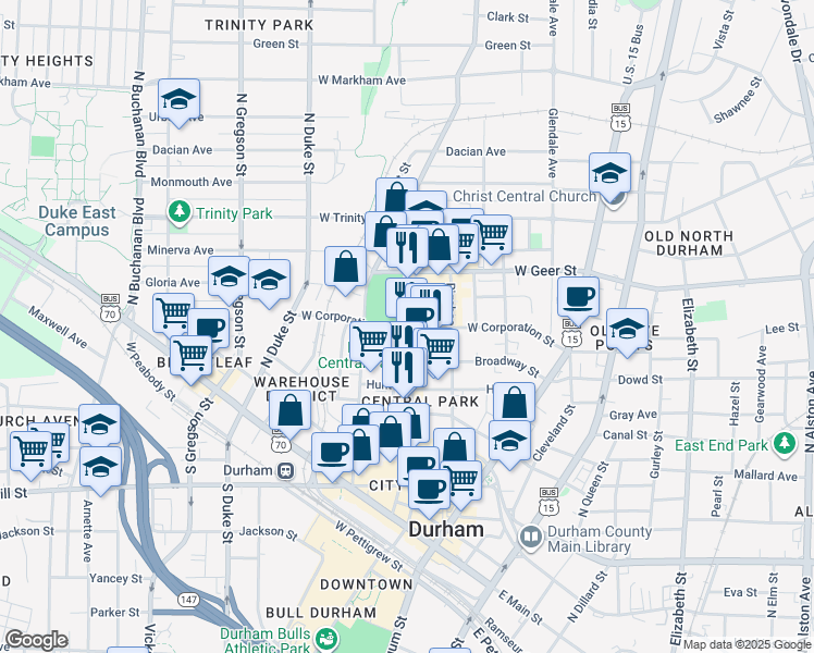 map of restaurants, bars, coffee shops, grocery stores, and more near 540 Foster Street in Durham