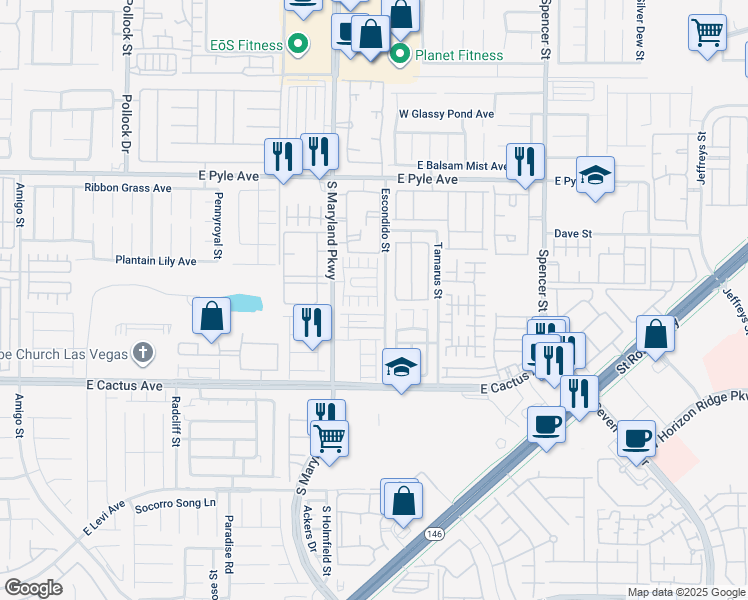 map of restaurants, bars, coffee shops, grocery stores, and more near 1289 Oak Village Avenue in Las Vegas