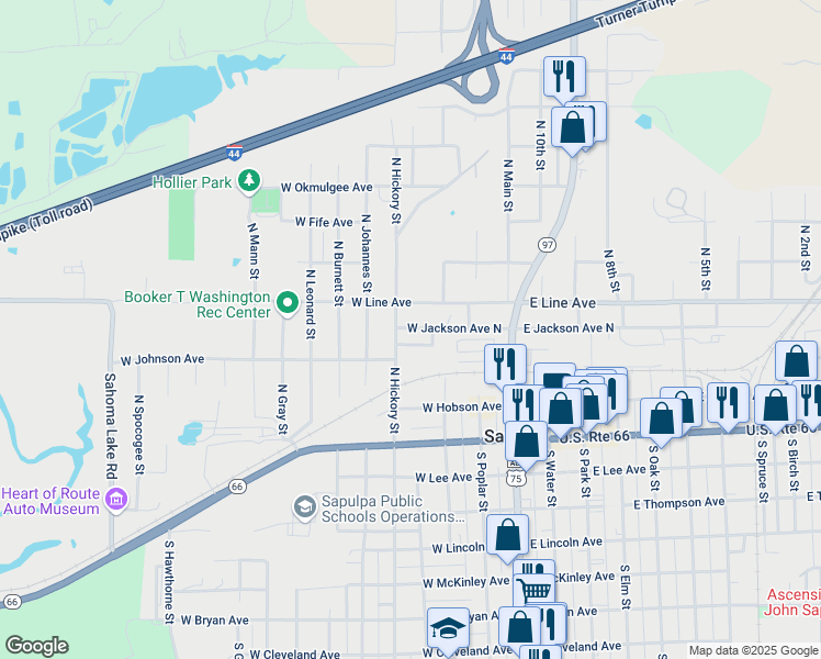 map of restaurants, bars, coffee shops, grocery stores, and more near 211 North Hickory Street in Sapulpa