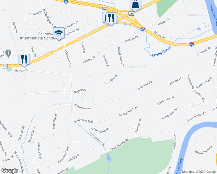 map of restaurants, bars, coffee shops, grocery stores, and more near 601 Lewallen Court Southeast in Knoxville