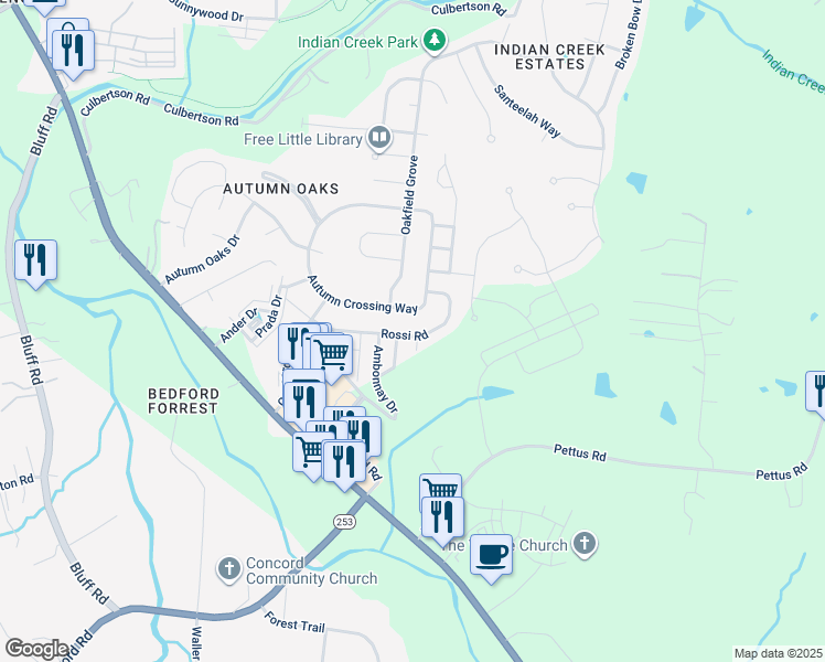 map of restaurants, bars, coffee shops, grocery stores, and more near 8301 Rossi Road in Brentwood