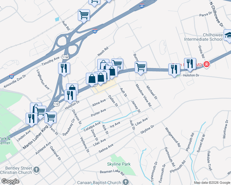 map of restaurants, bars, coffee shops, grocery stores, and more near 212 Connex Street in Knoxville