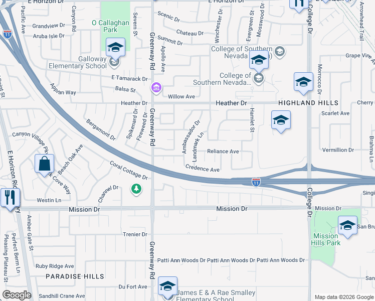 map of restaurants, bars, coffee shops, grocery stores, and more near 496 Landmark Lane in Henderson