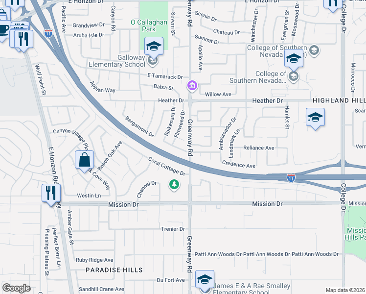 map of restaurants, bars, coffee shops, grocery stores, and more near 334 Wintercress Drive in Henderson