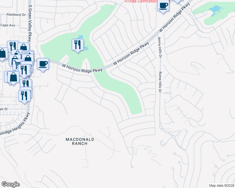 map of restaurants, bars, coffee shops, grocery stores, and more near 2093 Tiger Links Drive in Henderson