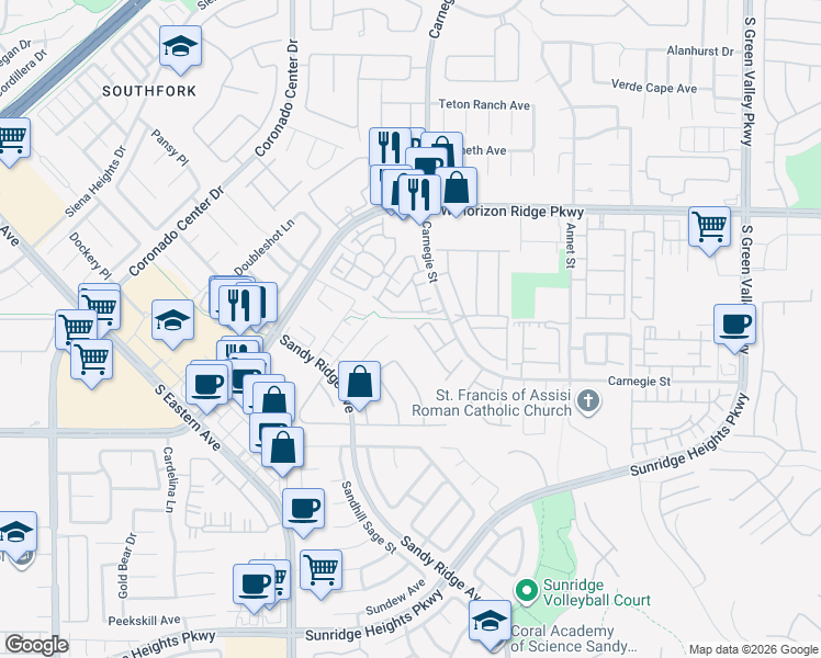 map of restaurants, bars, coffee shops, grocery stores, and more near 724 Sandy Hook Terrace in Henderson