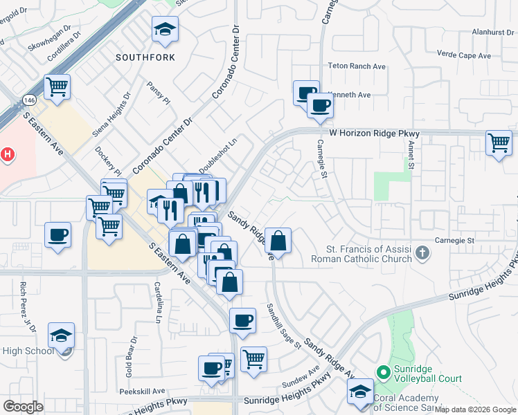 map of restaurants, bars, coffee shops, grocery stores, and more near 692 Fantasy Court in Henderson