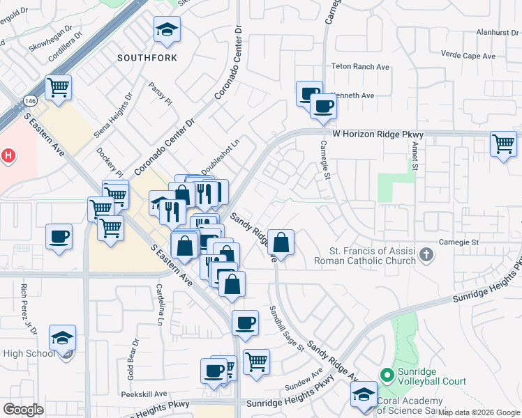 map of restaurants, bars, coffee shops, grocery stores, and more near 692 Fantasy Court in Henderson