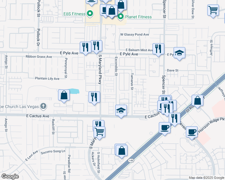 map of restaurants, bars, coffee shops, grocery stores, and more near 1289 Oak Village Avenue in Las Vegas