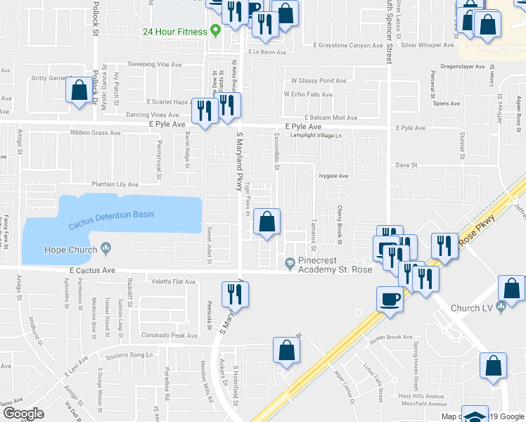 map of restaurants, bars, coffee shops, grocery stores, and more near 1289 Oak Village Avenue in Las Vegas