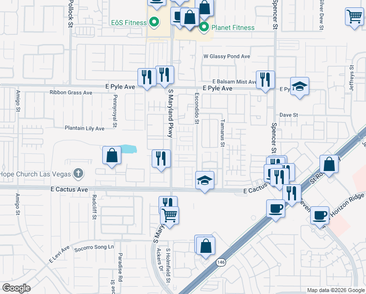 map of restaurants, bars, coffee shops, grocery stores, and more near 1289 Oak Village Avenue in Las Vegas