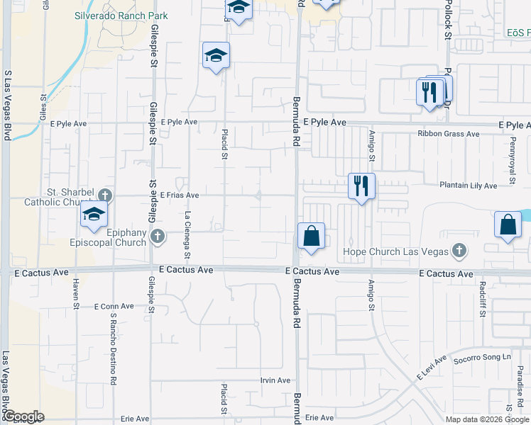 map of restaurants, bars, coffee shops, grocery stores, and more near 360 East Rush Avenue in Las Vegas