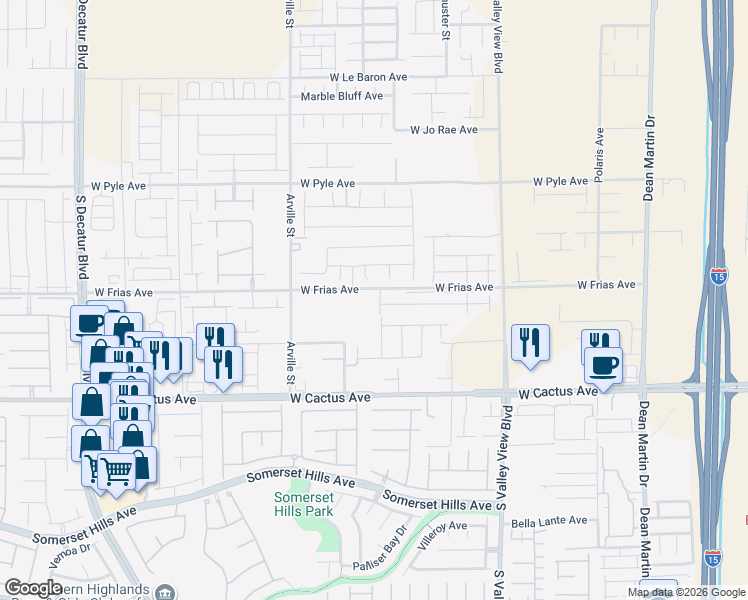 map of restaurants, bars, coffee shops, grocery stores, and more near 10425 Schirlls Street in Las Vegas