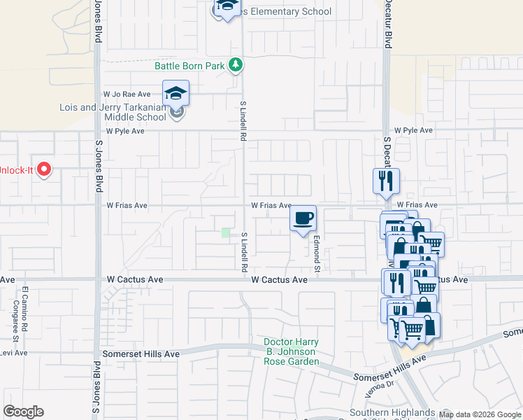 map of restaurants, bars, coffee shops, grocery stores, and more near 5411 Cholla Cactus Avenue in Las Vegas