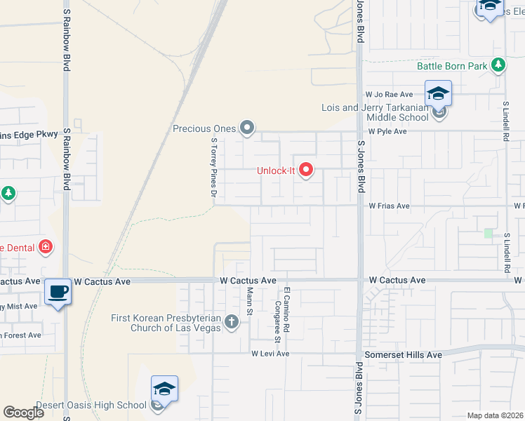 map of restaurants, bars, coffee shops, grocery stores, and more near 6331-6399 West Frias Avenue in Las Vegas