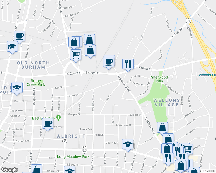 map of restaurants, bars, coffee shops, grocery stores, and more near 1507 Fay Street in Durham