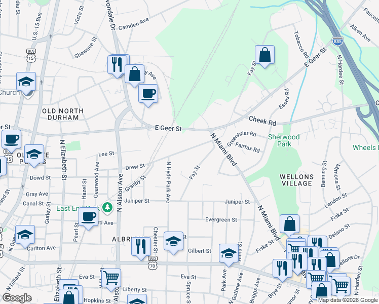 map of restaurants, bars, coffee shops, grocery stores, and more near 1120 Drew Street in Durham