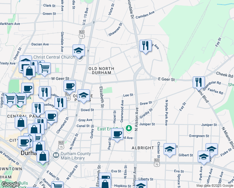 map of restaurants, bars, coffee shops, grocery stores, and more near 1409 Gearwood Avenue in Durham