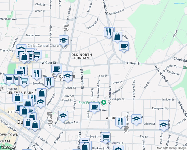 map of restaurants, bars, coffee shops, grocery stores, and more near 1409 Gearwood Avenue in Durham