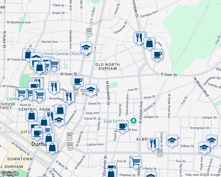 map of restaurants, bars, coffee shops, grocery stores, and more near 1317 Tucker Street in Durham