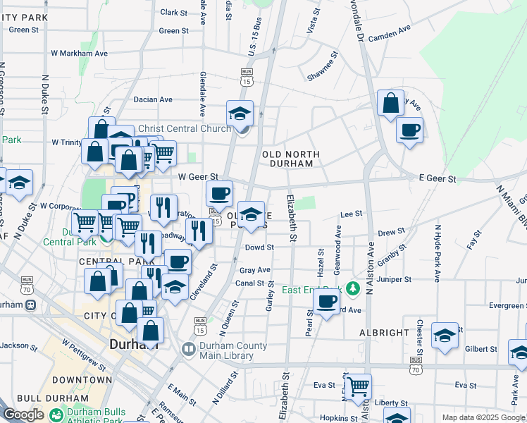 map of restaurants, bars, coffee shops, grocery stores, and more near 213 East Corporation Street in Durham